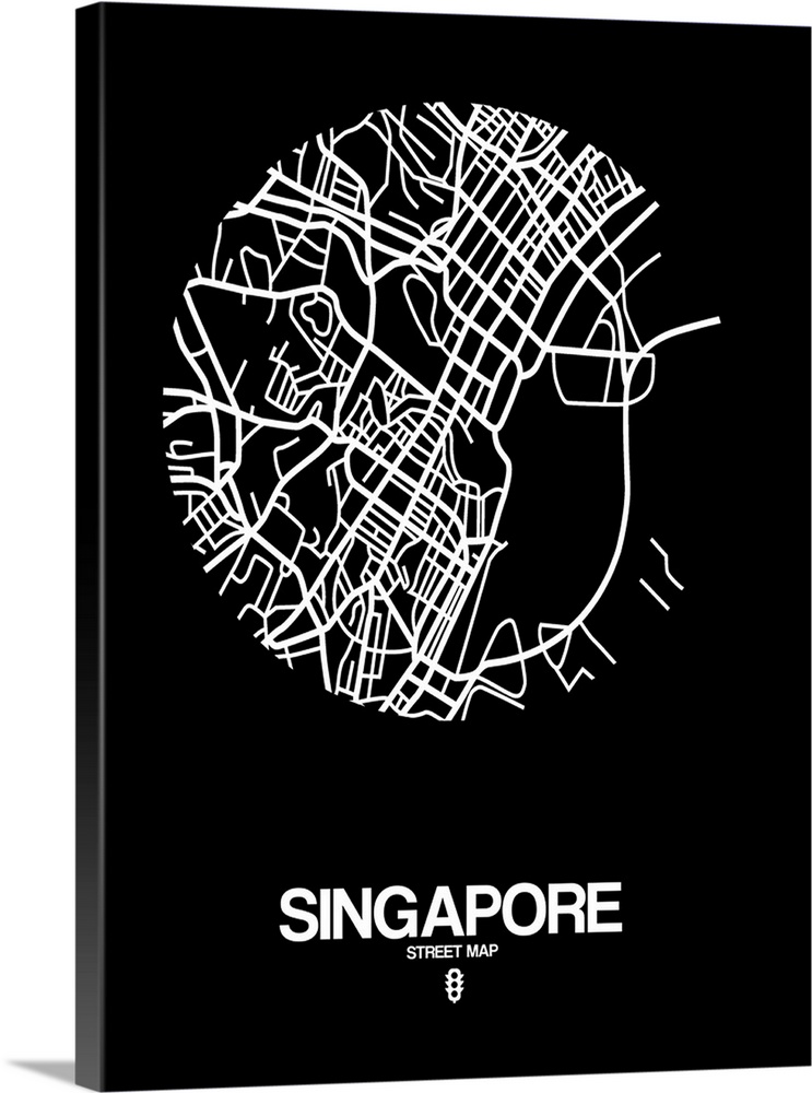 Minimalist art map of the city streets of Singapore in black and white.