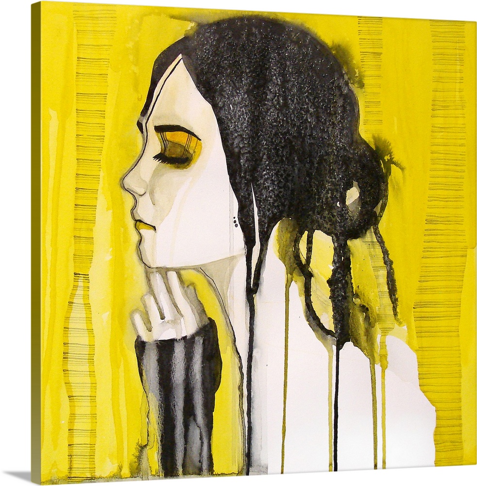 Contemporary watercolor portrait of a woman in profile with dark hair put up in a bun, against a yellow background.