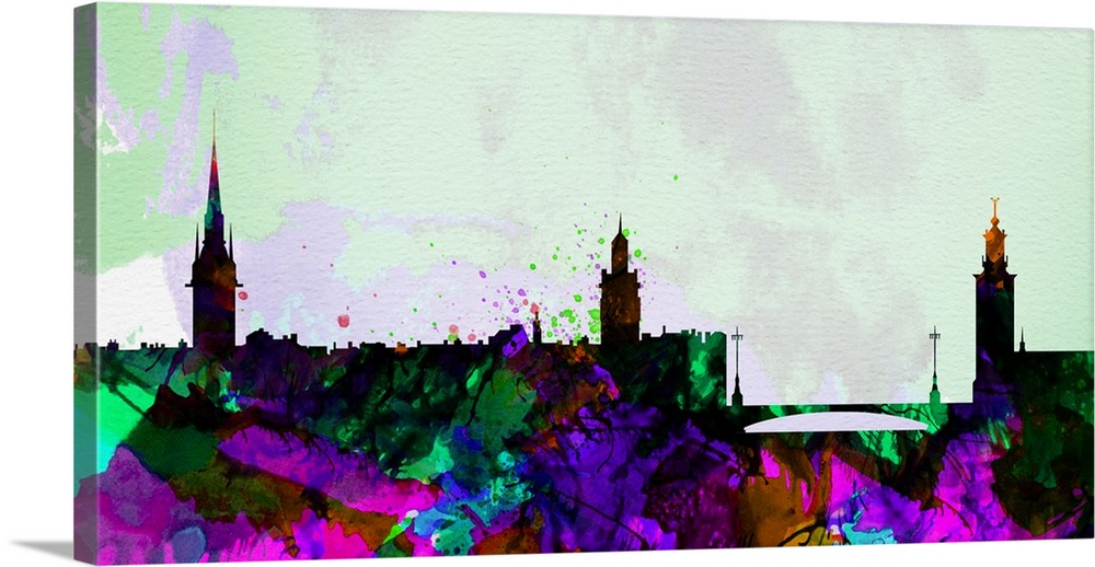 Watercolor artwork of the silhouette of the Stockholm city skyline.