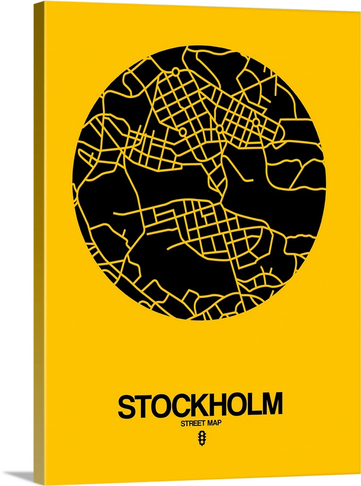 Minimalist art map of the city streets of Stockholm in yellow and black.