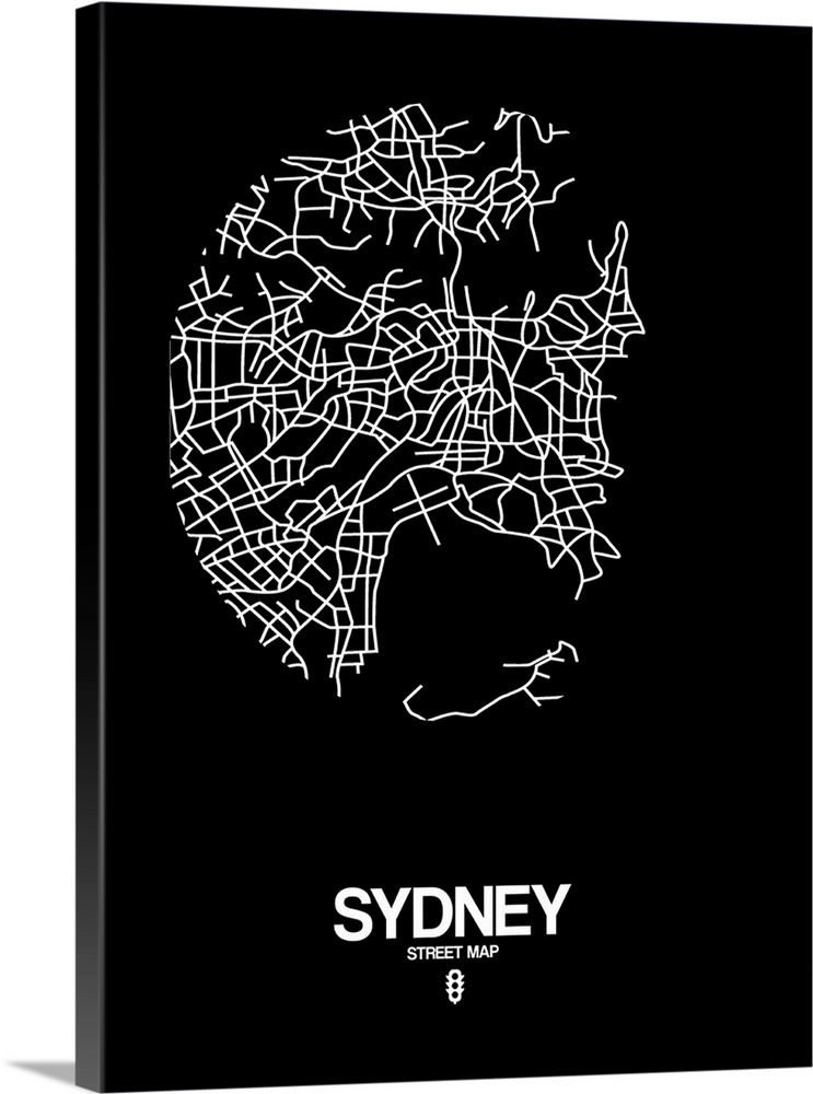 Minimalist art map of the city streets of Sydney in black and white.