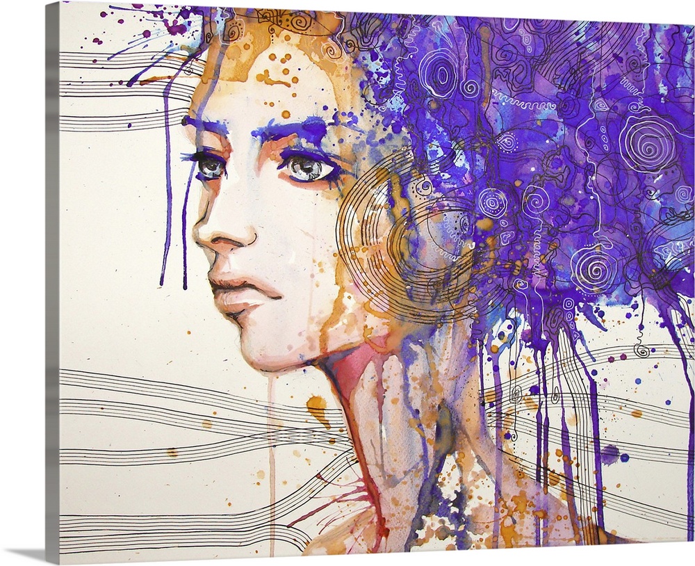 Contemporary watercolor portrait of a woman with elaborate paint Splattered purple hair.