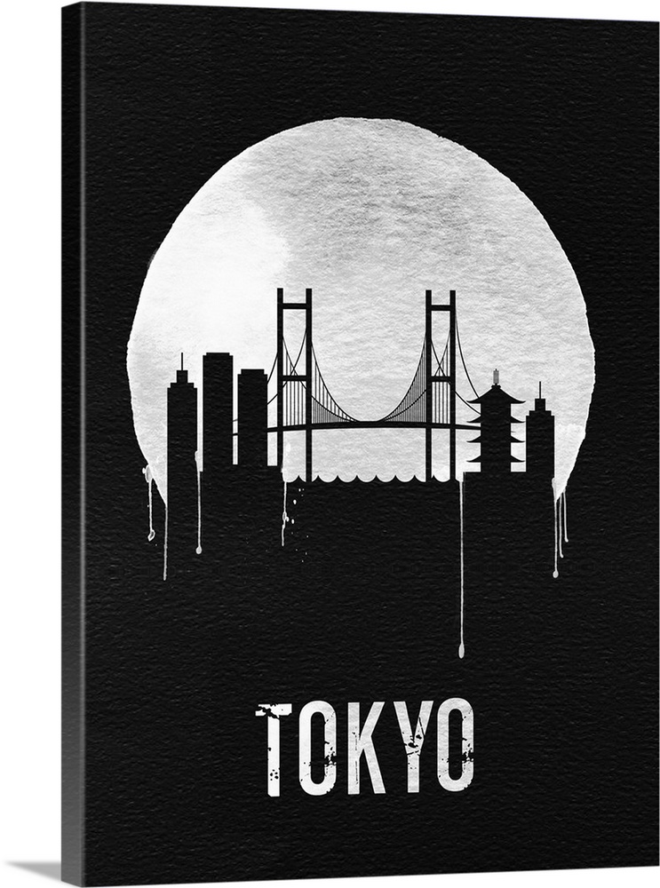 Contemporary watercolor artwork of a famous suspension bridge of Tokyo, in silhouette.
