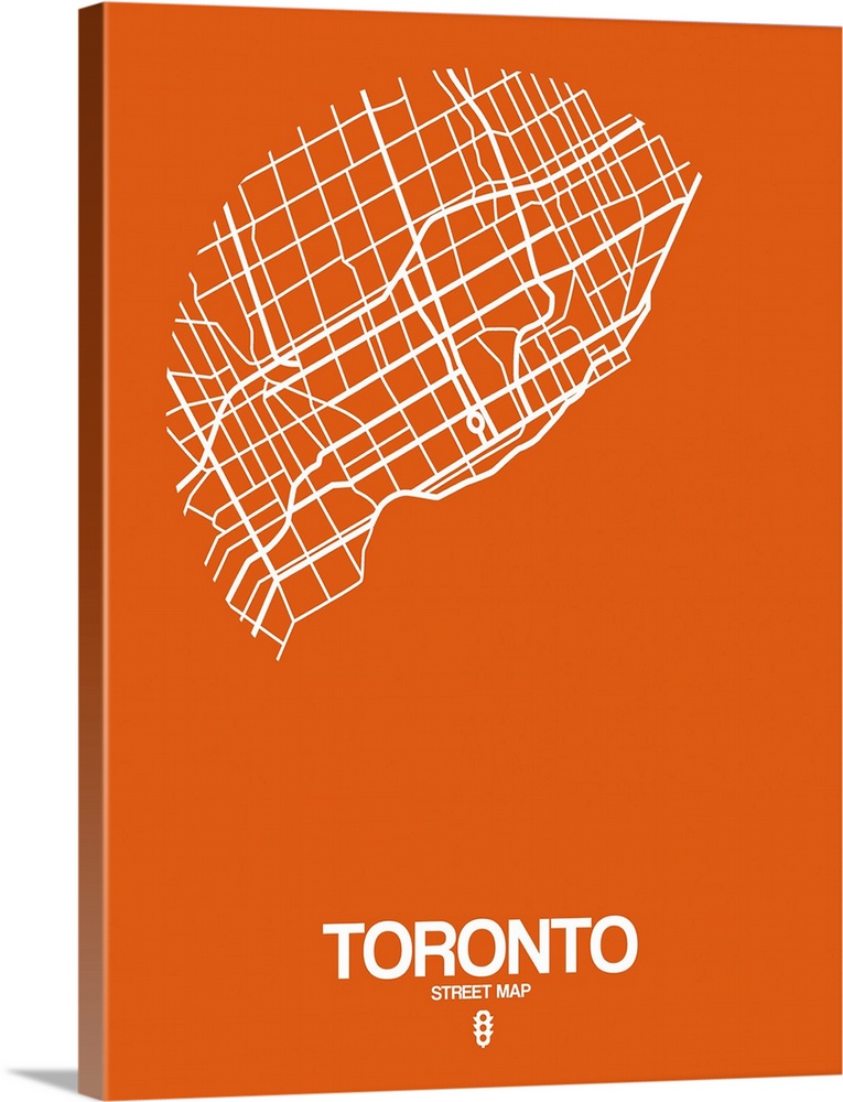 Minimalist art map of the city streets of Toronto in orange and white.