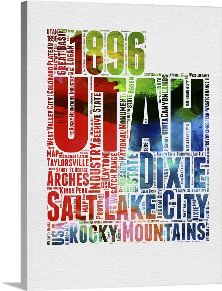 Watercolor typography art map of the US state Utah.