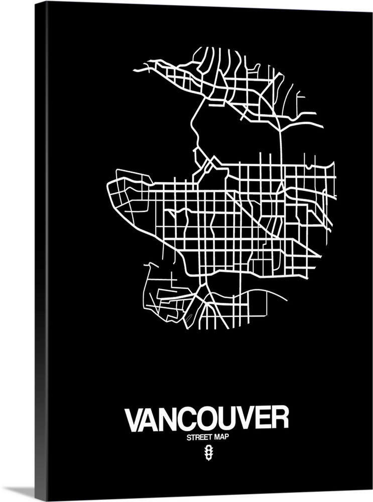 Minimalist art map of the city streets of Vancouver in black and white.
