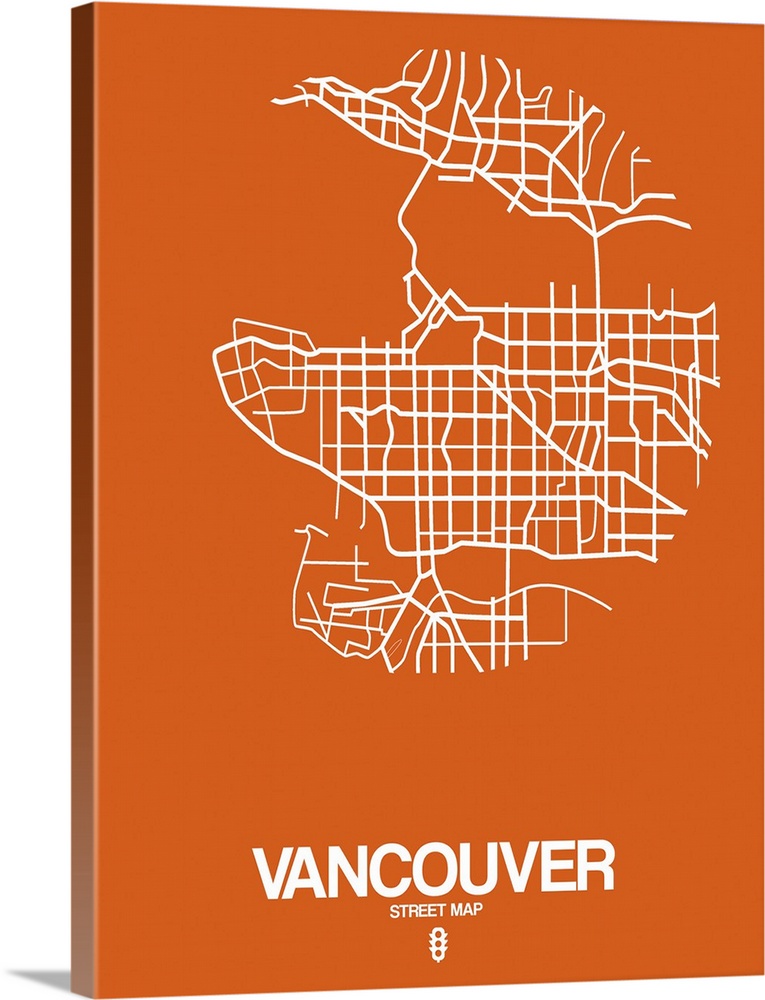 Minimalist art map of the city streets of Vancouver in orange and white.