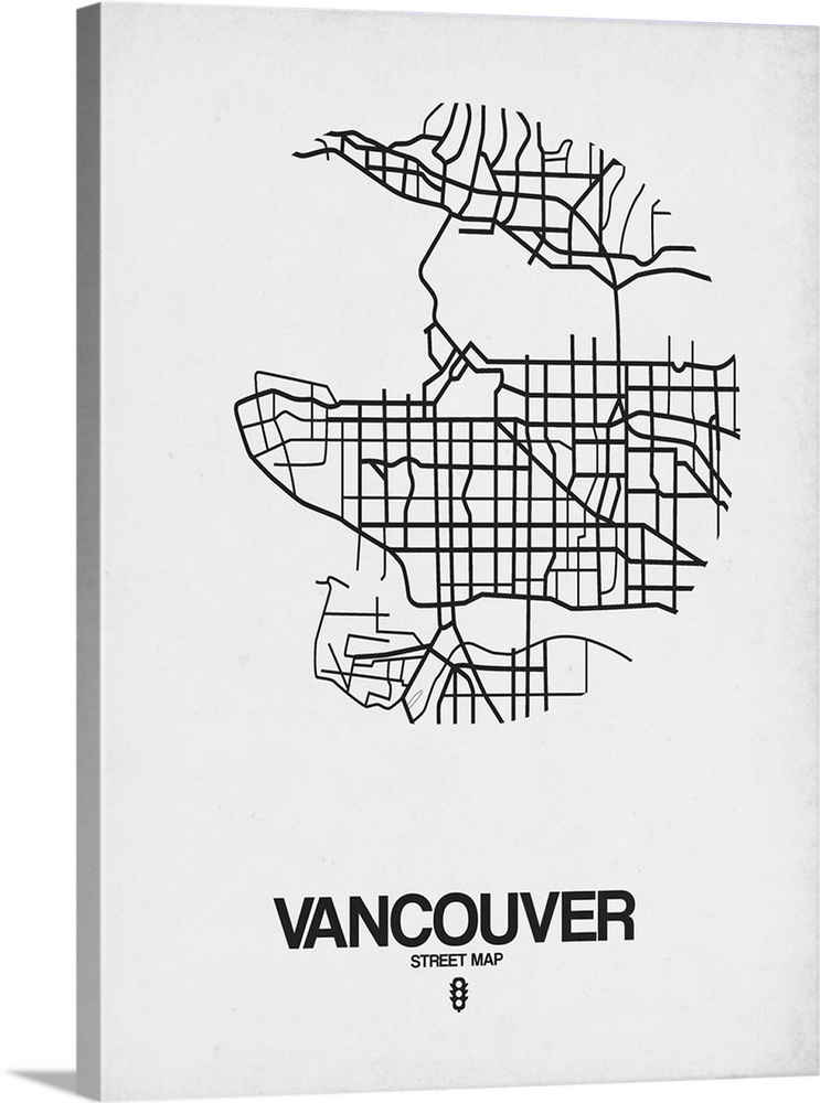 Minimalist art map of the city streets of Vancouver in white and black.
