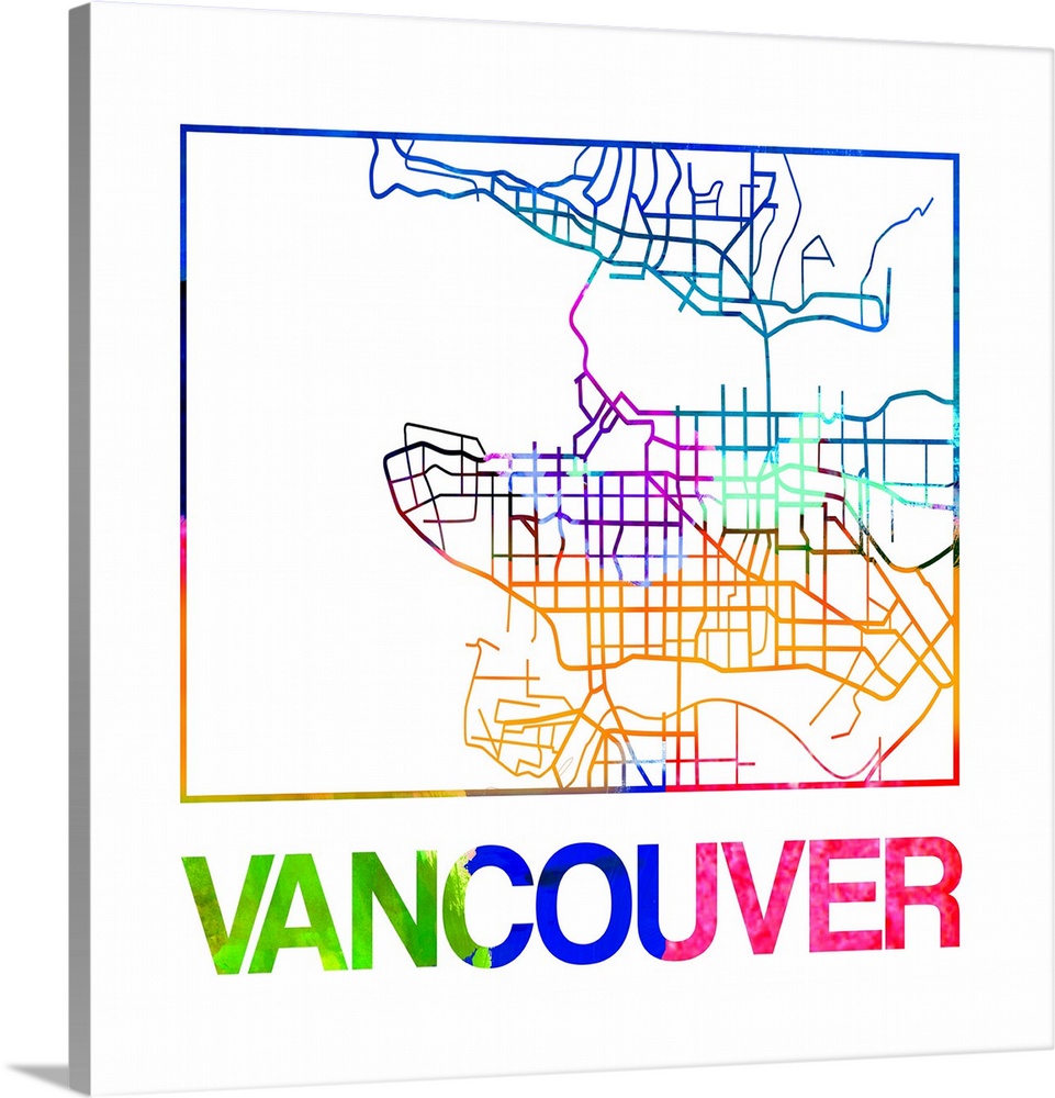Colorful map of the streets of Vancouver, Canada.