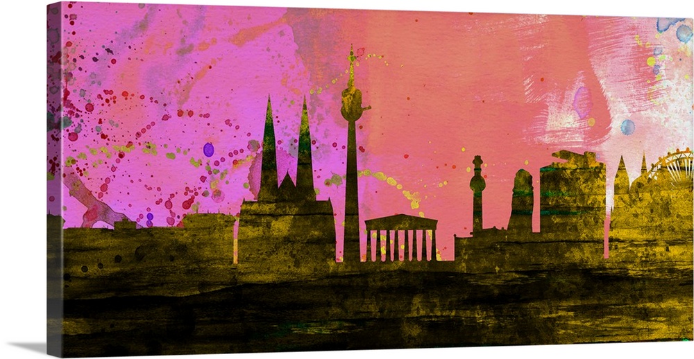 Watercolor artwork of the silhouette of the Vienna city skyline.