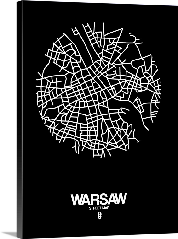 Minimalist art map of the city streets of Warsaw in black and white.