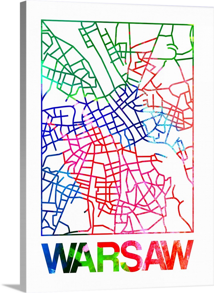 Colorful map of the streets of Warsaw, Poland.