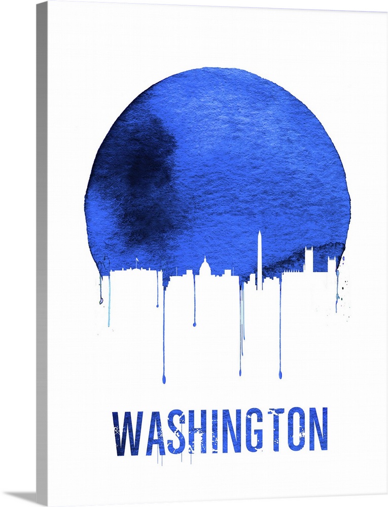 Contemporary watercolor artwork of the Washington DC city skyline, in silhouette.