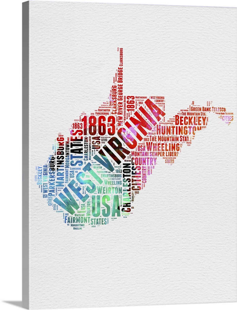 Watercolor typography art map of the US state West Virginia.