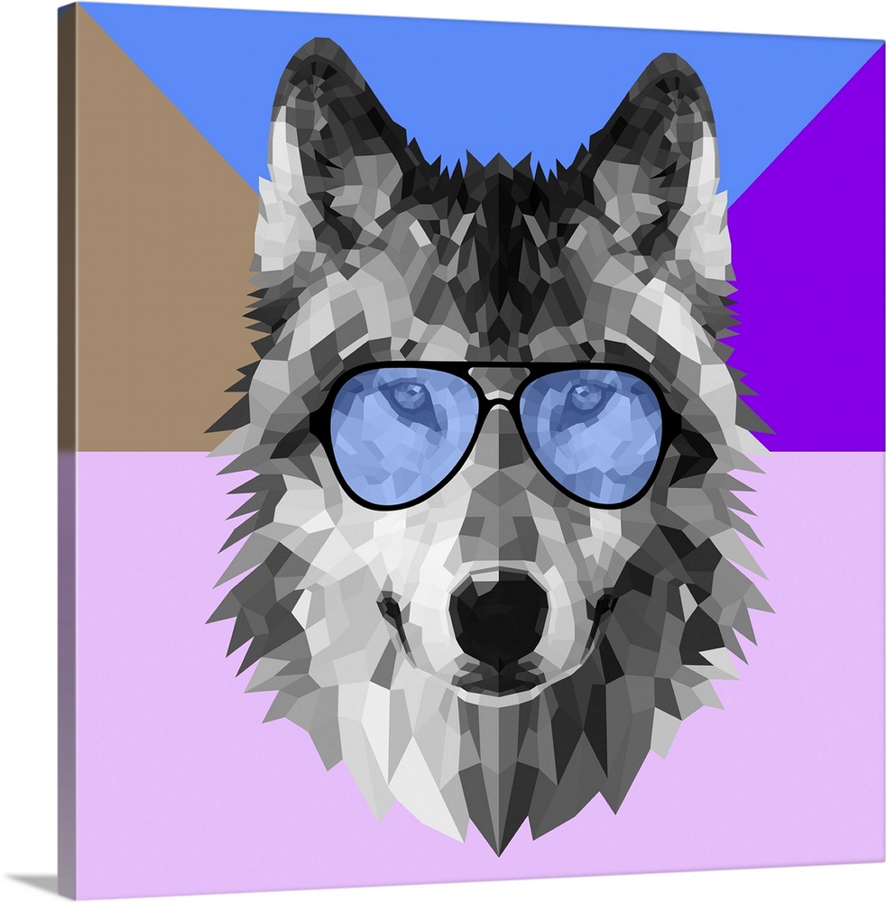 Wolf head wearing sunglasses made up of a polygon mesh.