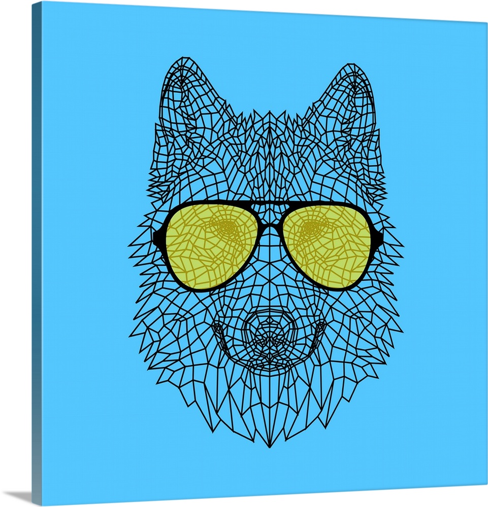Wolf head wearing sunglasses made up of a polygon mesh.