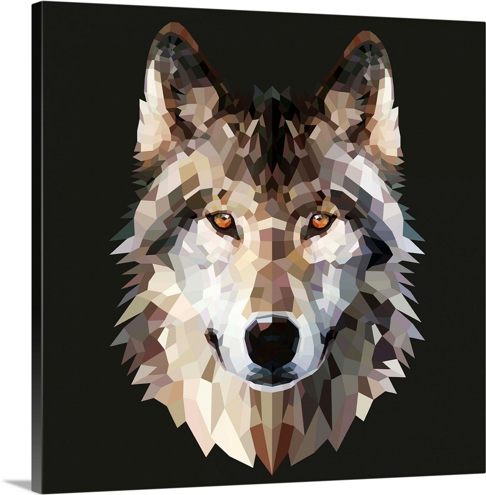Contemporary artwork of a polygon mesh wolf portrait.