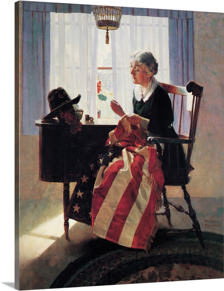 Mending the Flag, depicts a woman sewing a tattered flag. Approved by the Norman Rockwell Family Agency.