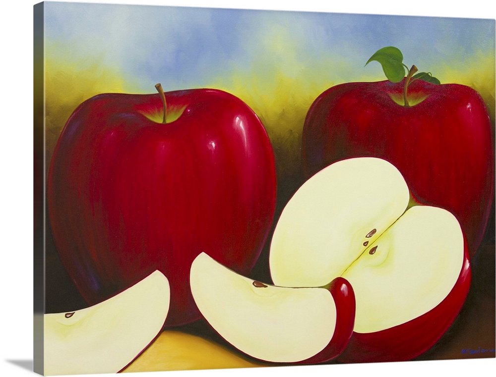 Luscious red apples sit before a background of dappled blue. Realistically depicted, freshly cut wedges tempt the viewer w...