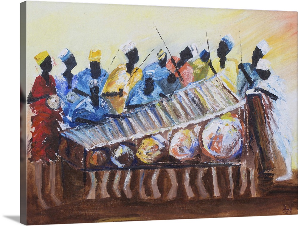 Marking the rhythm for a xylophone melody, men stand behind beating drums. All is color and movement in this beautiful pai...