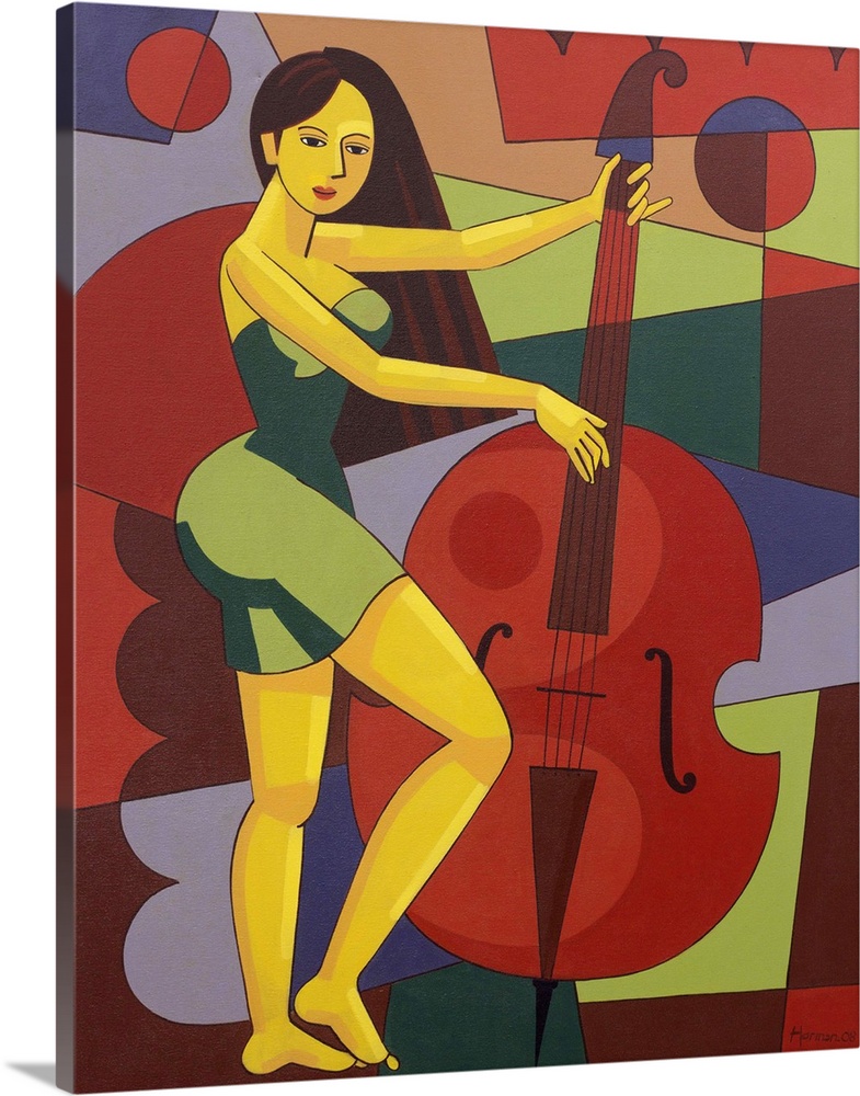Plucking the strings of her contrabass, a woman accompanies herself in an expression of song. Harman depicts her in a cool...