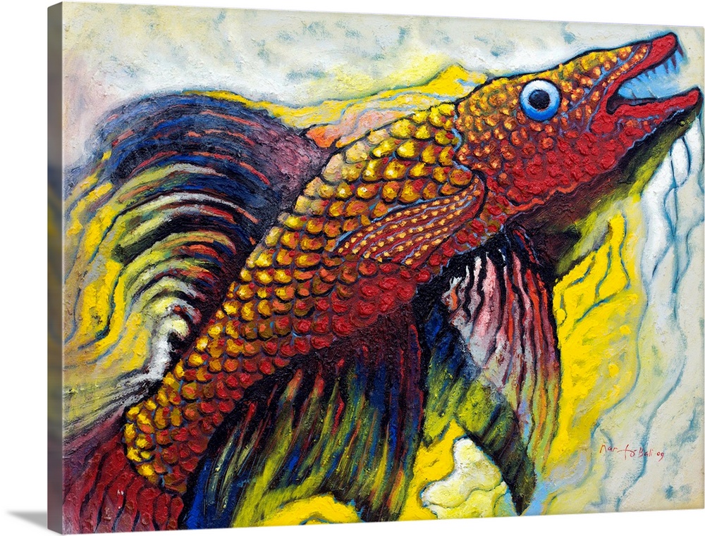 A colorful fish leaps from the water, bright fins flowing gracefully in a wish for flight. A favorite motif for Javanese a...