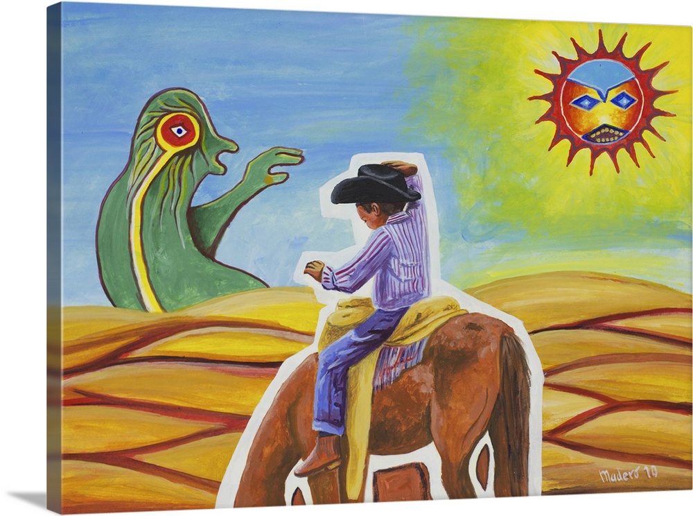 Madero depicts a magical world where a Huichol child's imagination runs free. Wearing a cowboy hat, he imagines himself br...
