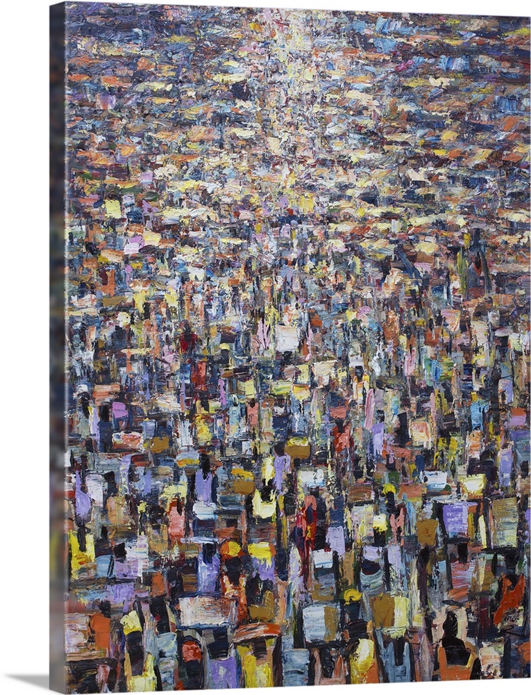 Francis Amoah depicts a city market in West Africa, as merchants and shoppers push in throngs down the lane. Golden light ...