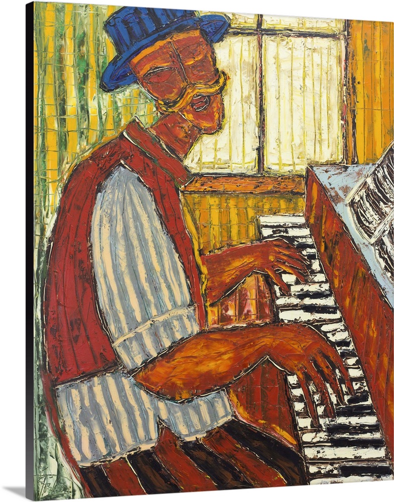 Seated at the keyboard, an elderly man plays the piano and lifts his voice in song. 'This is a man with his piano, one of ...