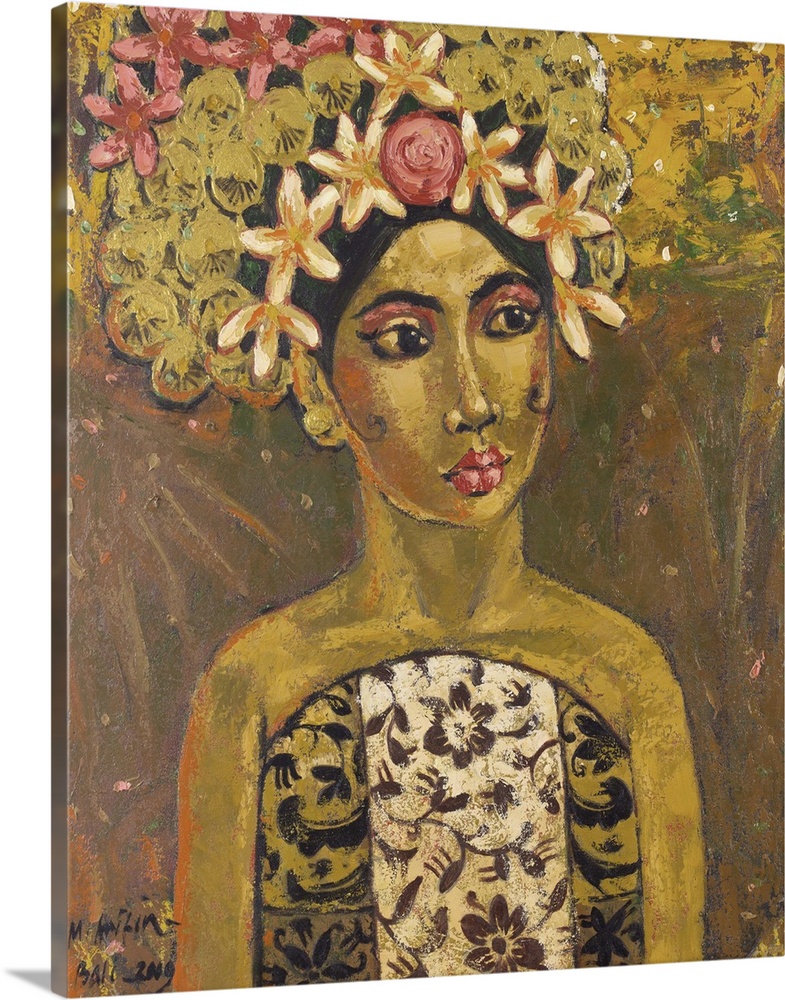 A florid headdress frames her beautiful face in a portrait by Mohammad Arifin. Painting with acrylics, Arifin honors the c...