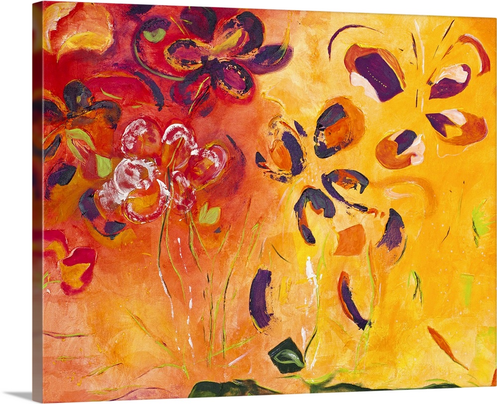 Bursting forth from the joyous earth, flowers dance in celebration. Laura Madrigal works in a vivid palette of fiery color...