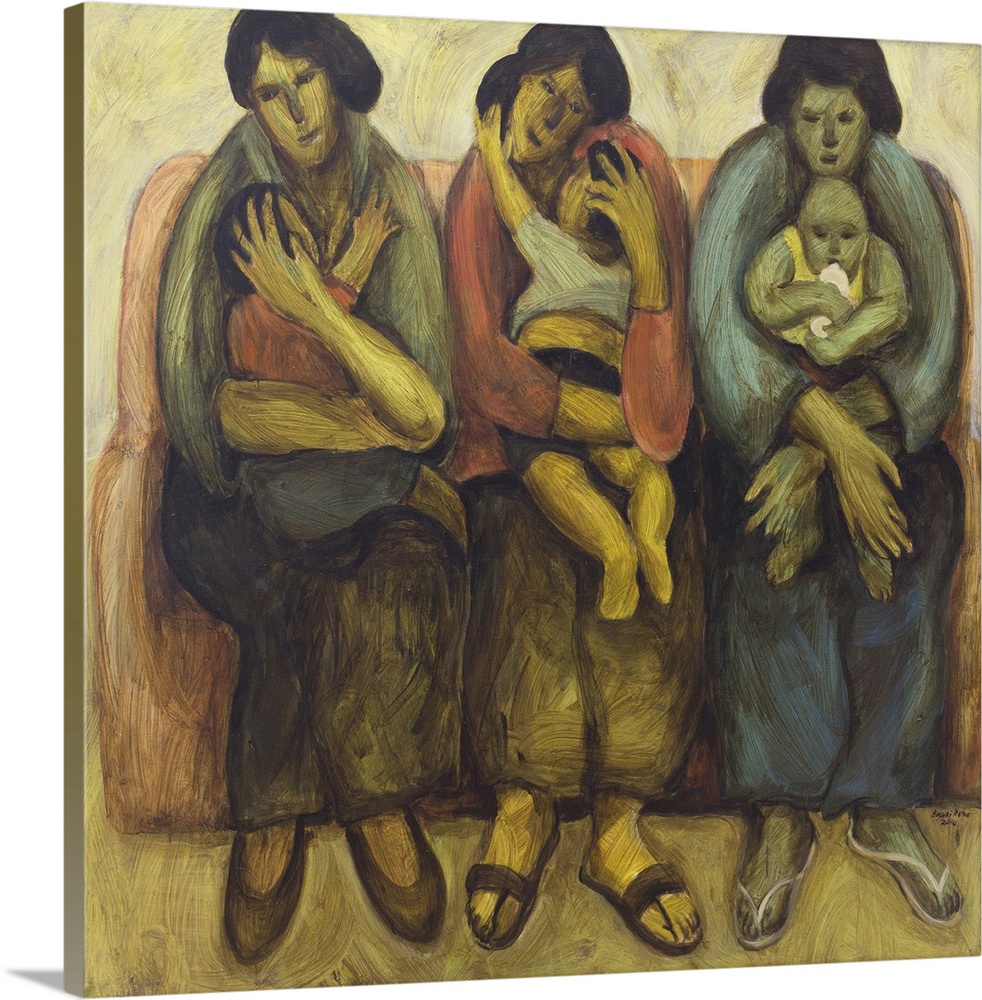 Seated together on a sofa, three young mothers cradle their babies. Conveying their loving attention, Basuki Ratna paints ...