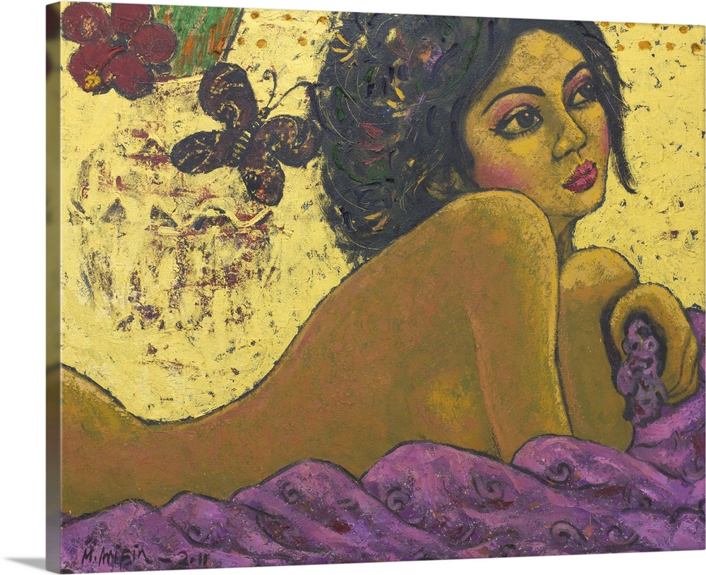 Reclining amid purple silk, a beautiful woman's thoughts are far away. Her gaze seems wistful and somewhat sorrowful. A re...