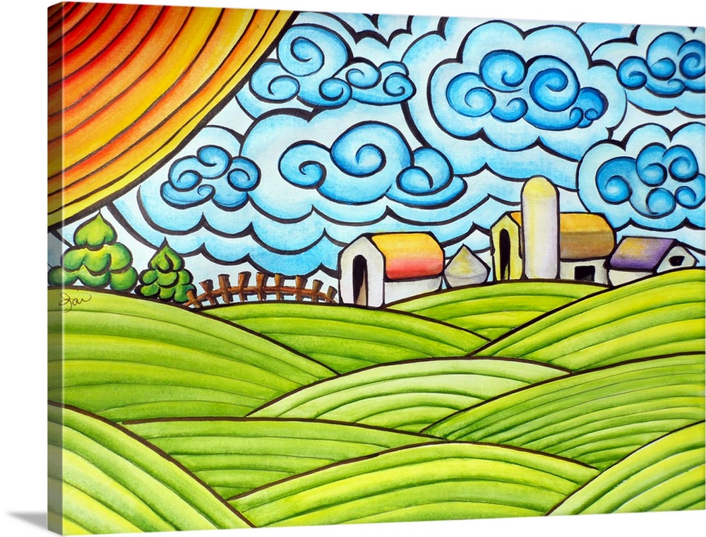 Whimsical painting of a farm landscape with bright colors and fun brushstrokes.