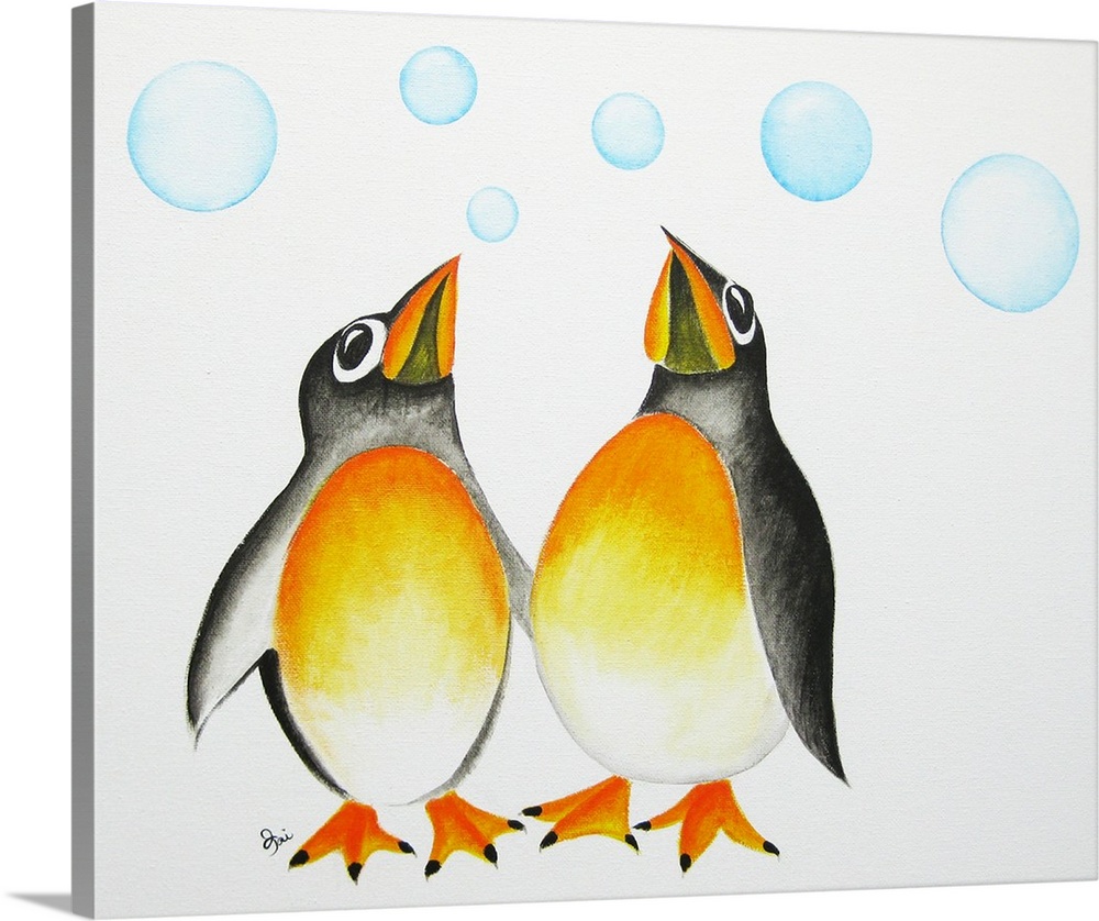 Painting of two penguins looking up at floating bubbles.