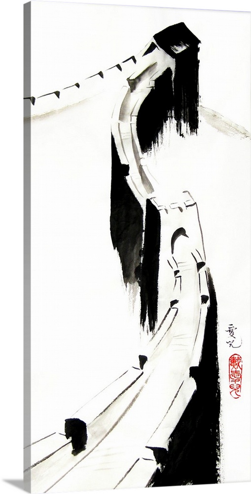 Chinese ink painting of the Great Wall of China in black and white.
