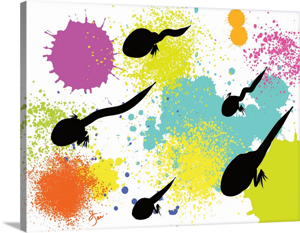 Vibrant artwork with tadpoles on a paint splattered background.