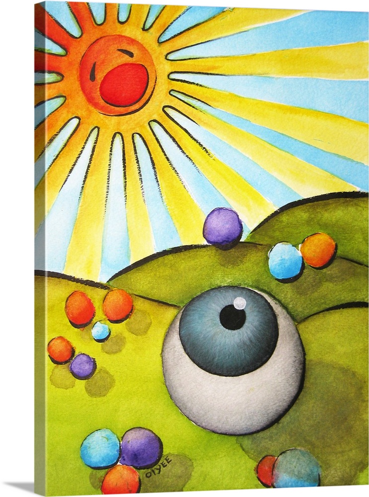Conceptual painting of an eyeball amongst rolling hills and colorful circles, looking up at the bright screaming sun.