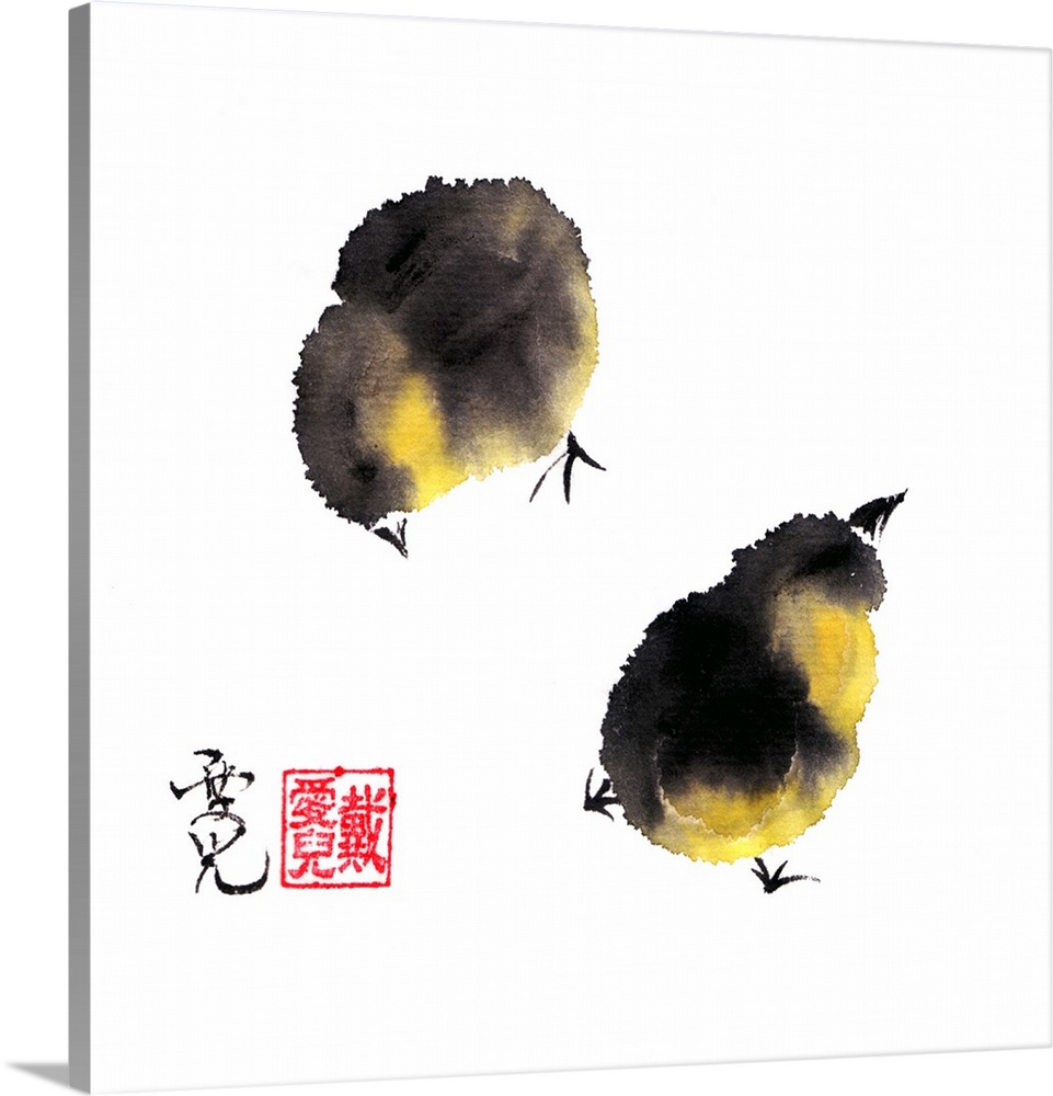 Chinese Ink On Rice Paper. One little chick is on the lookout while the other is feeding.