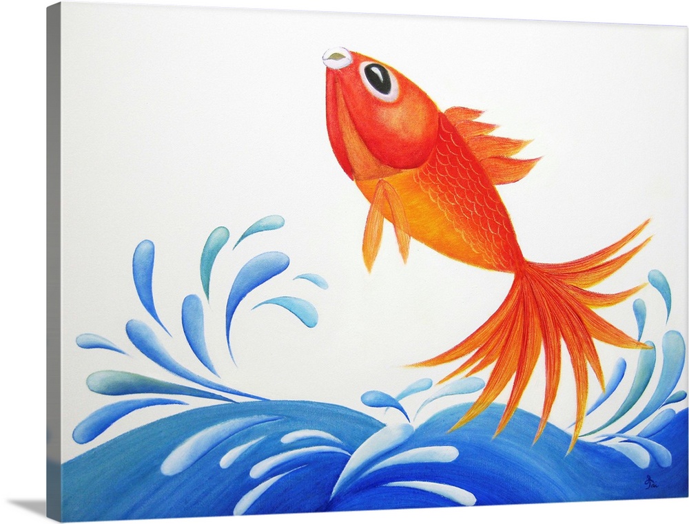 Contemporary painting of an orange fish jumping out of the water and causing a splash.