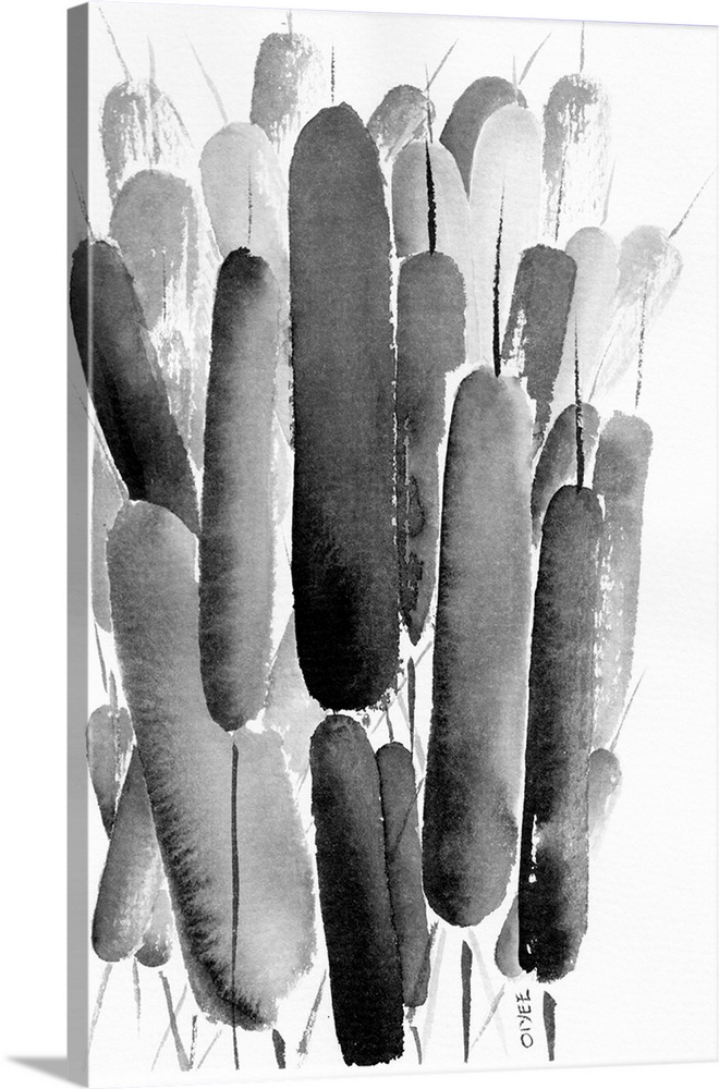 Contemporary ink painting of cattails in black and white.