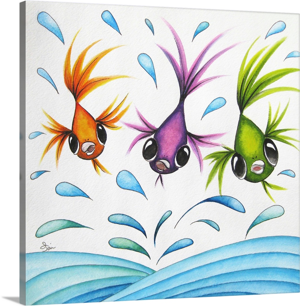 Square painting with three bright fish swimming through water droplets.