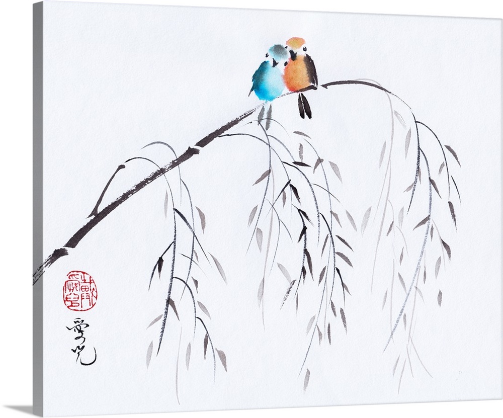 Colorful love birds in Chinese ink and watercolor painting.