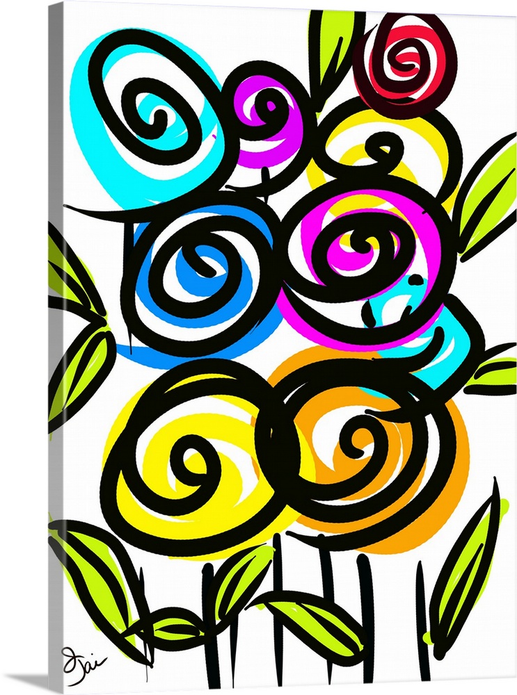 Digital illustration of vibrant colored flowers on a white background.