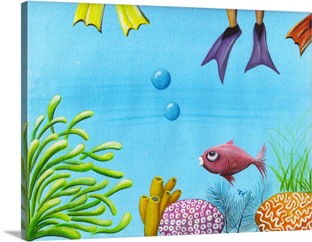 Vibrant painting of a fish swimming through the coral reef with colorful scuba fins on the top of the water.