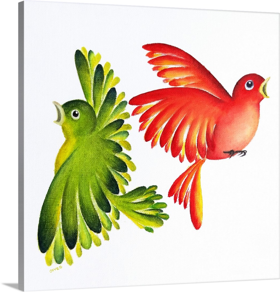Square painting of two vibrant birds, one red and yellow and the other green and yellow, on a white background.