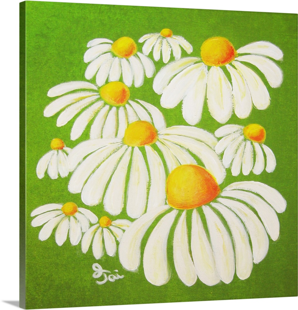 Cute nursery art for the baby's room, or painting for a little girl's room of white flowers on a bright green background.