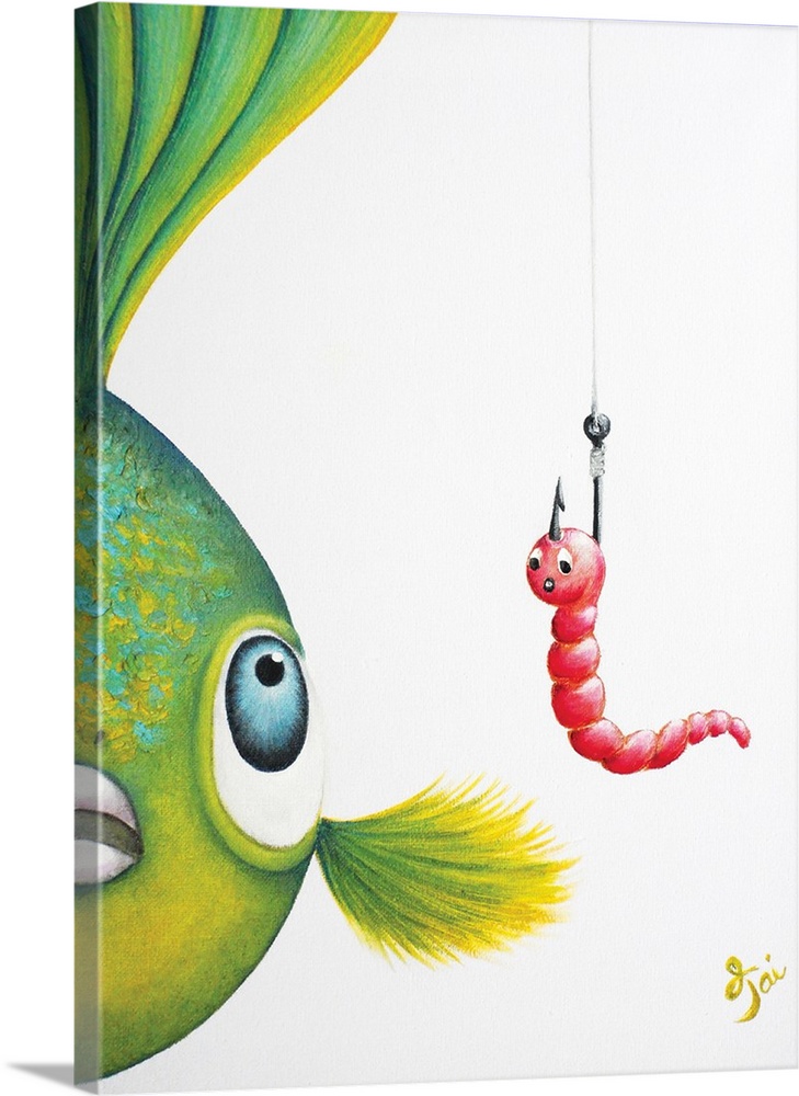 Contemporary painting of a green, yellow, and blue fish looking closely at a bright worm attached to a hook.