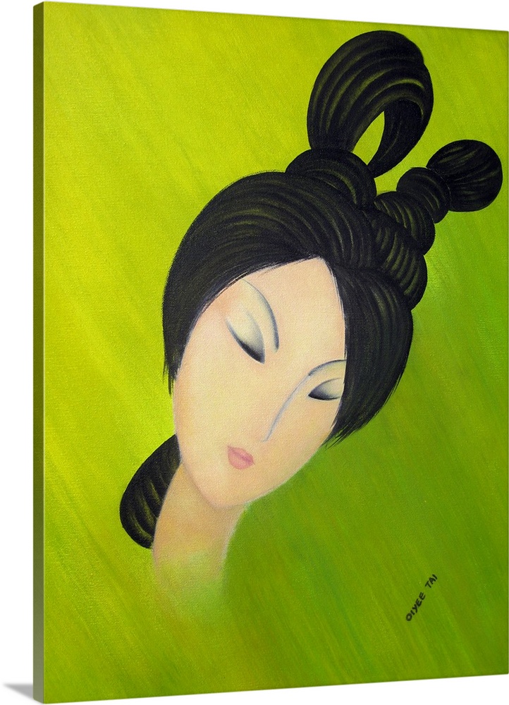 Portrait painting of a Chinese woman with beautiful black hair on a bright green and yellow background.