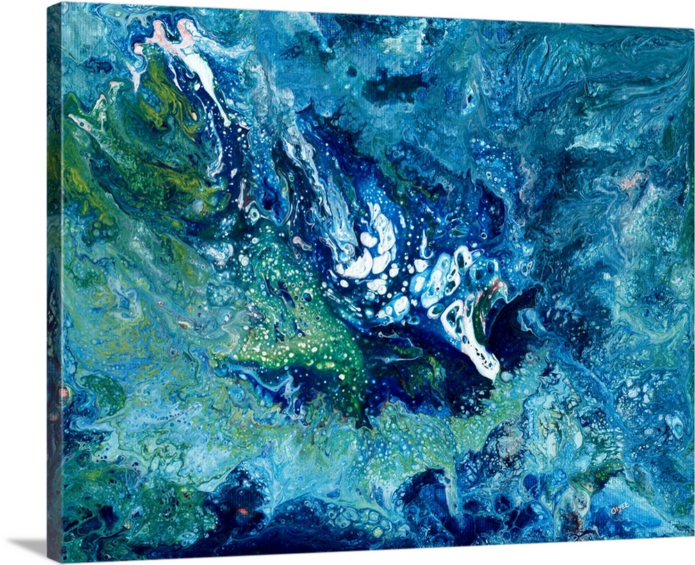 Abstract painting in cool tones of blue and green with bright white too.